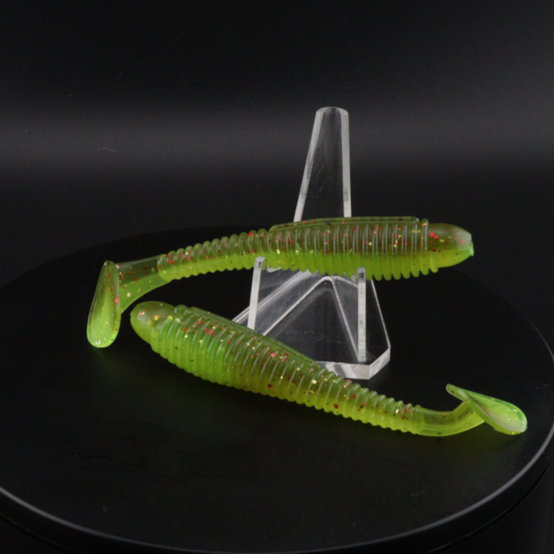 3.8-inch soft plastic worm lures, lime green with red speckles and ribbed body
