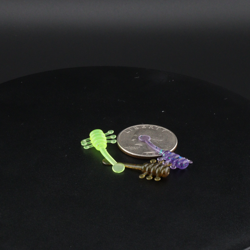 UFO 1.1-inch soft plastic fishing lure, neon green and purple worm baits