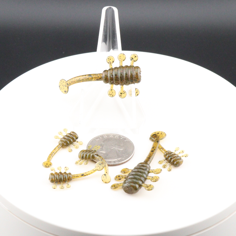 UFO soft plastic fishing lure set in tan/gold, multiple baits with curled legs