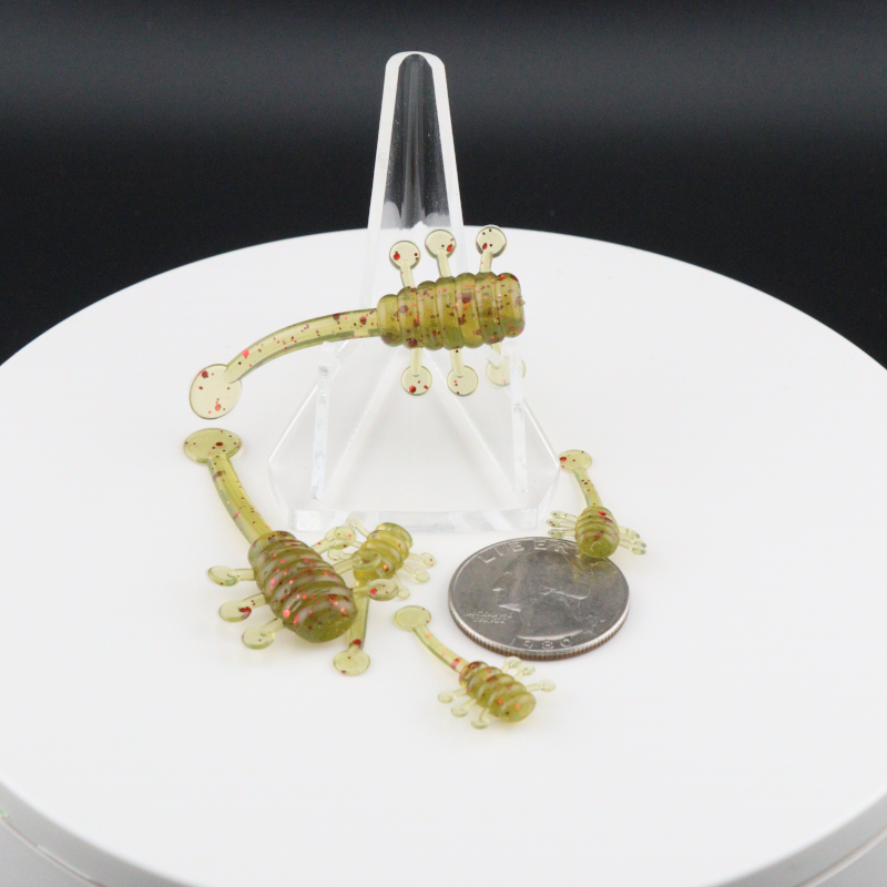 UFO soft plastic fishing lure set in yellow-green, multiple baits with curled legs
